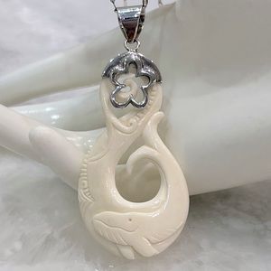 Carved Bone Sterling Silver Whale Pendant Necklace